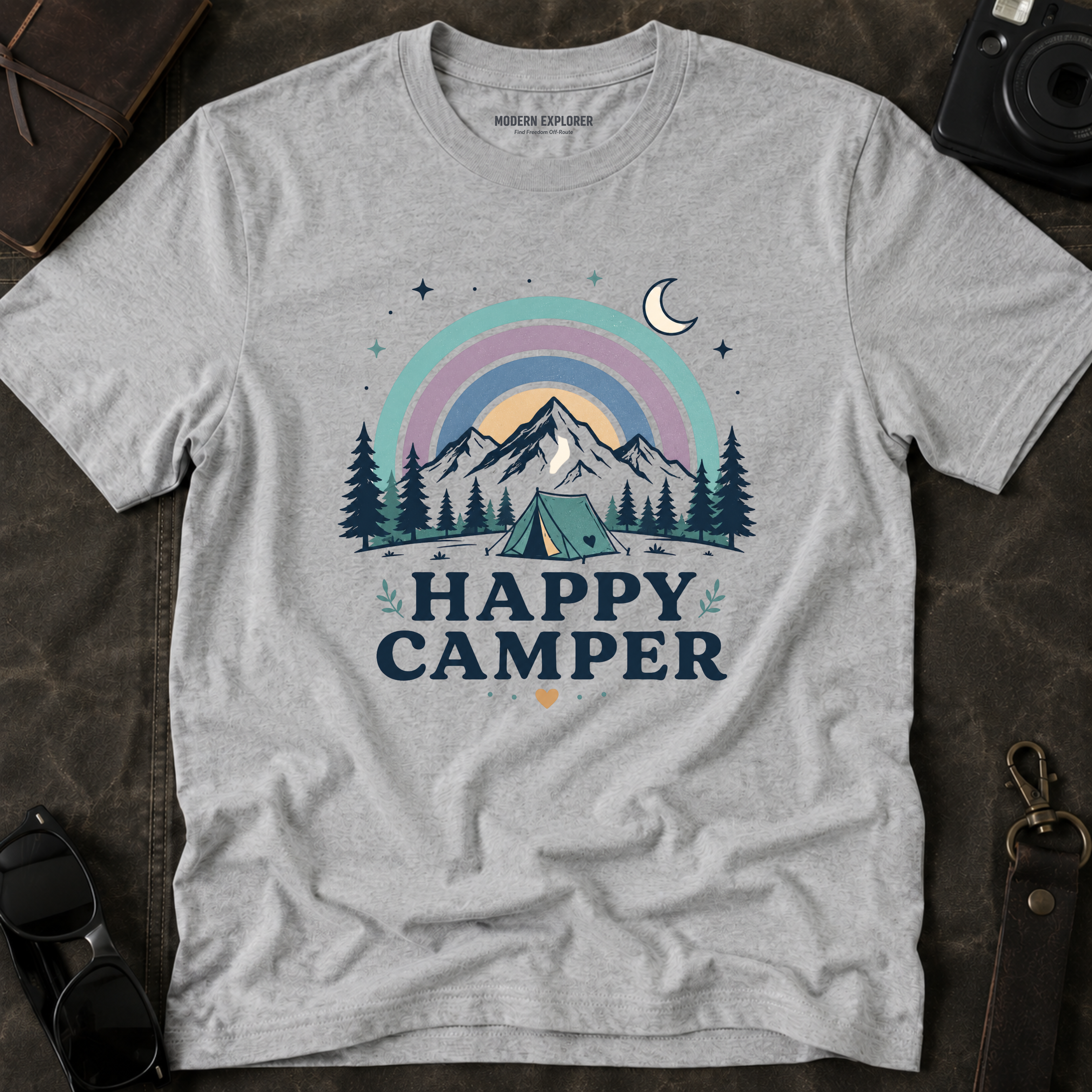 "Happy Camper" Mountain Rainbow Graphic