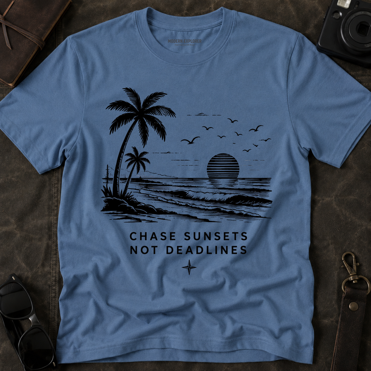 "Chase Sunsets Not Deadlines" Palm Tree Tee