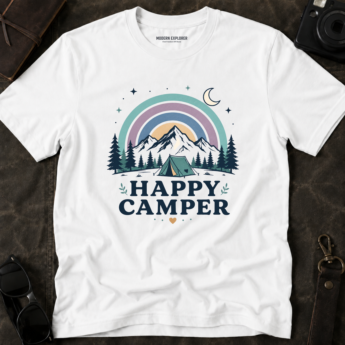 "Happy Camper" Mountain Rainbow Graphic