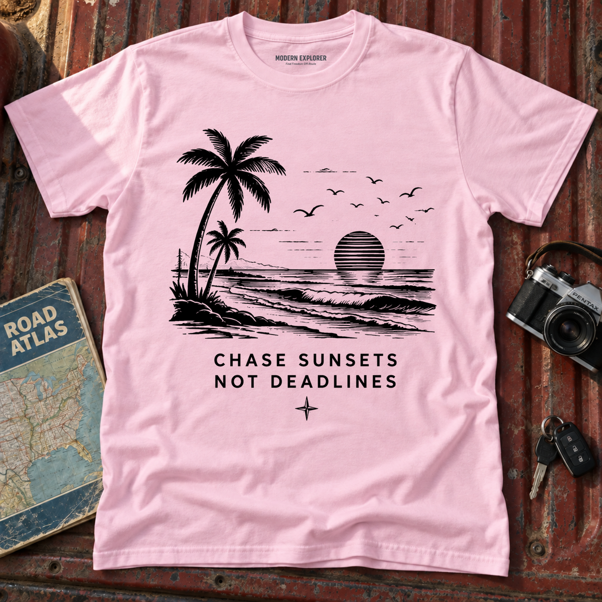"Chase Sunsets Not Deadlines" Palm Tree Tee
