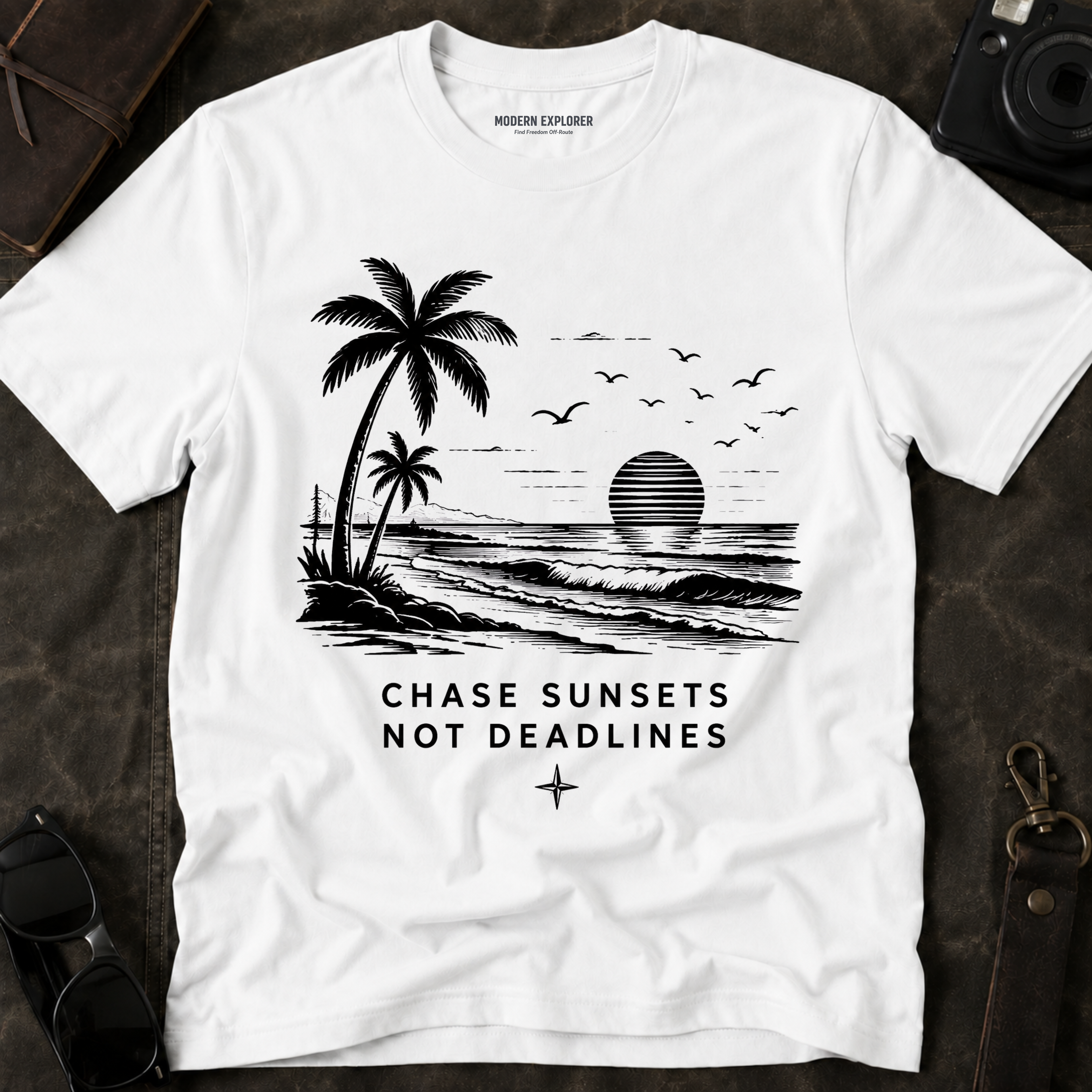 "Chase Sunsets Not Deadlines" Palm Tree Tee
