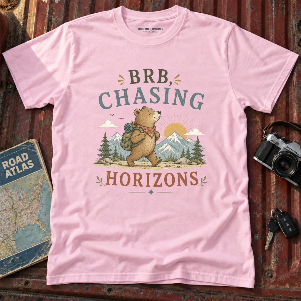"BRB, Chasing Horizons" Adventure Bear Tee