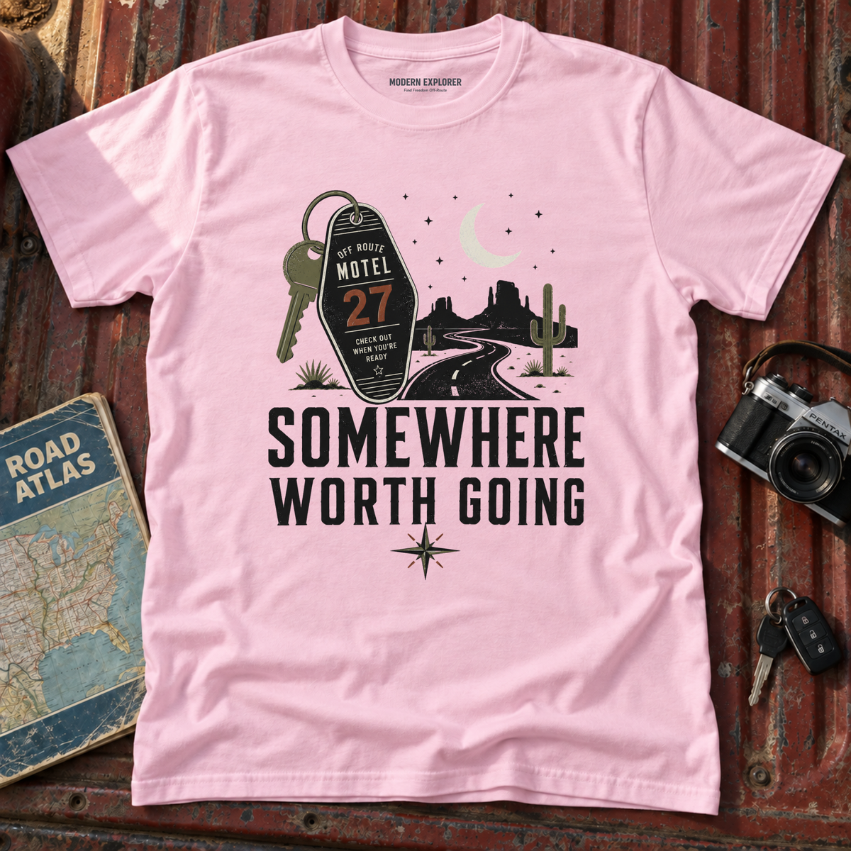 'Somewhere Worth Going' Vintage Motel Roadtrip Tee