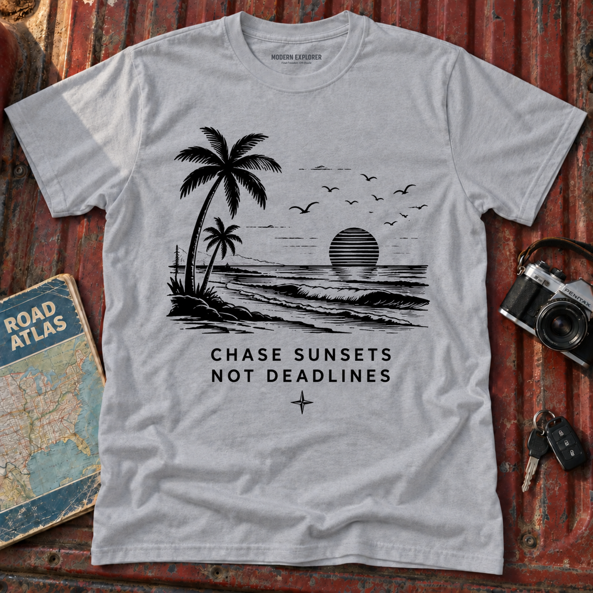 "Chase Sunsets Not Deadlines" Palm Tree Tee