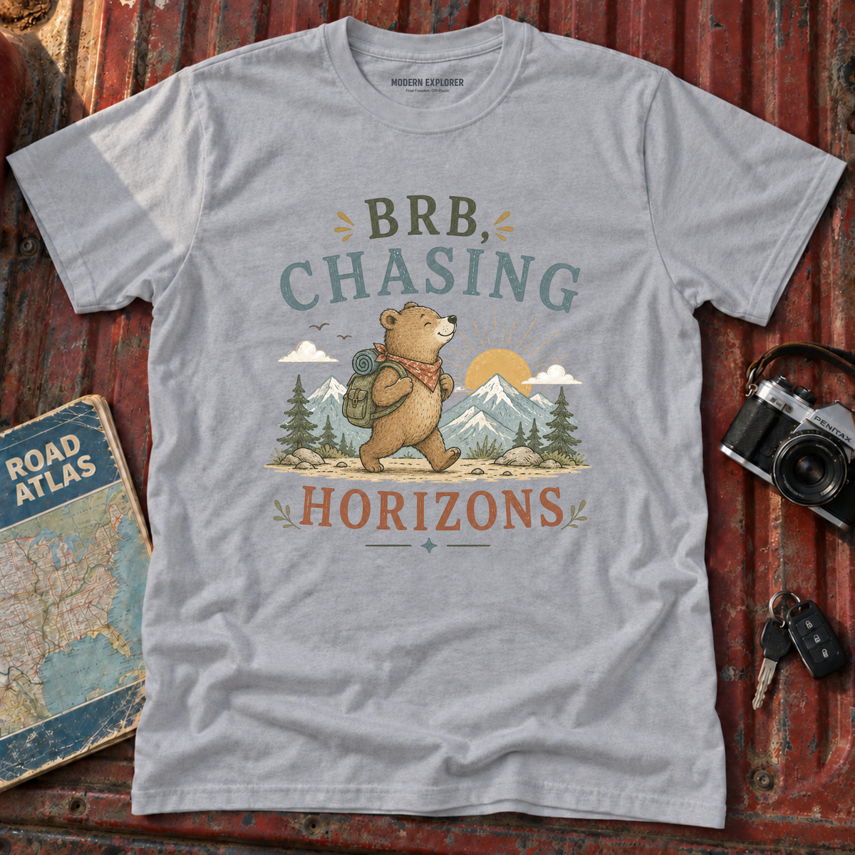 "BRB, Chasing Horizons" Adventure Bear Tee