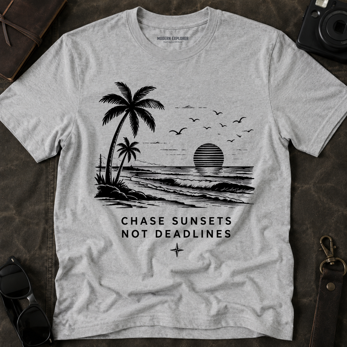 "Chase Sunsets Not Deadlines" Palm Tree Tee