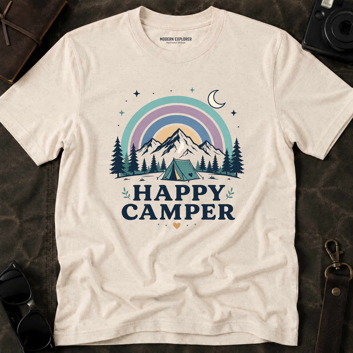 "Happy Camper" Mountain Rainbow Graphic