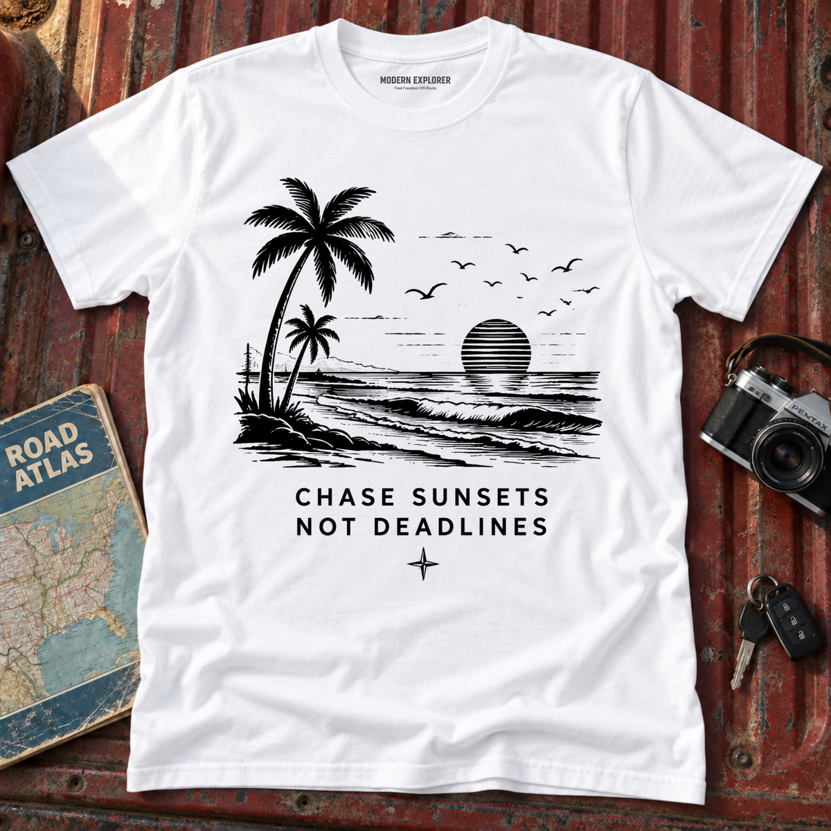 "Chase Sunsets Not Deadlines" Palm Tree Tee