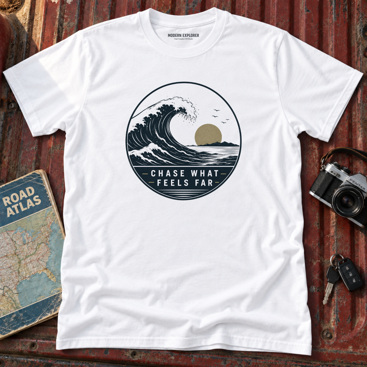 "Chase What Feels Far" Sunset Surf Tee