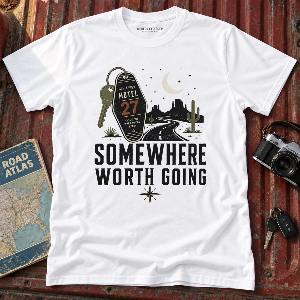 'Somewhere Worth Going' Vintage Motel Roadtrip Tee