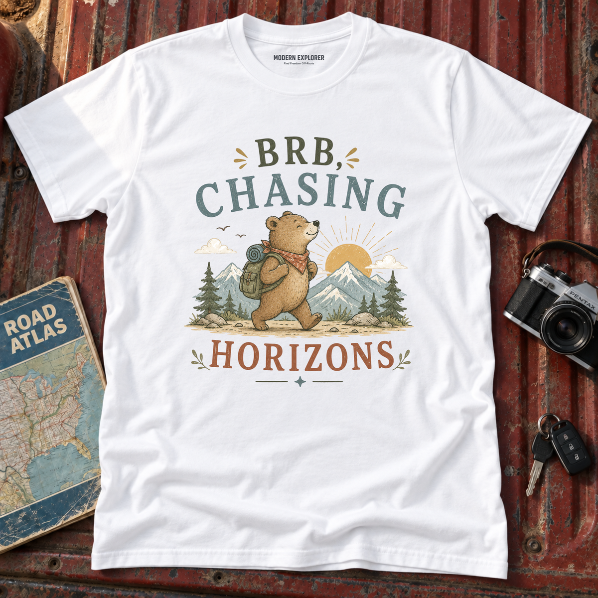 "BRB, Chasing Horizons" Adventure Bear Tee