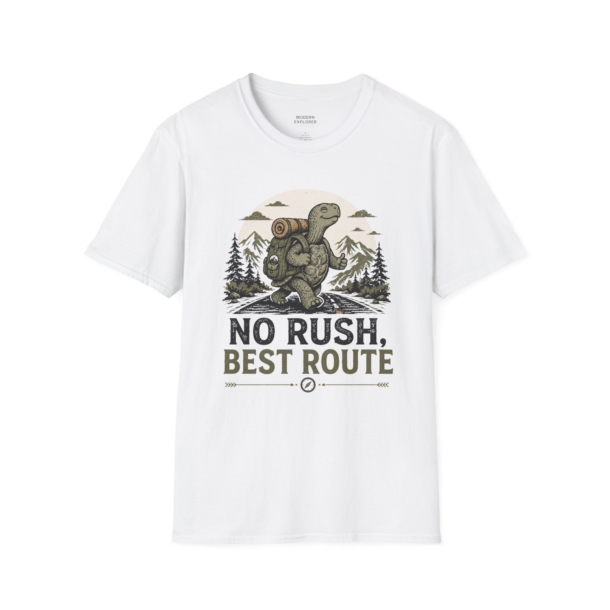 'No Rush, Best Route' Turtle Hiker Graphic Tee