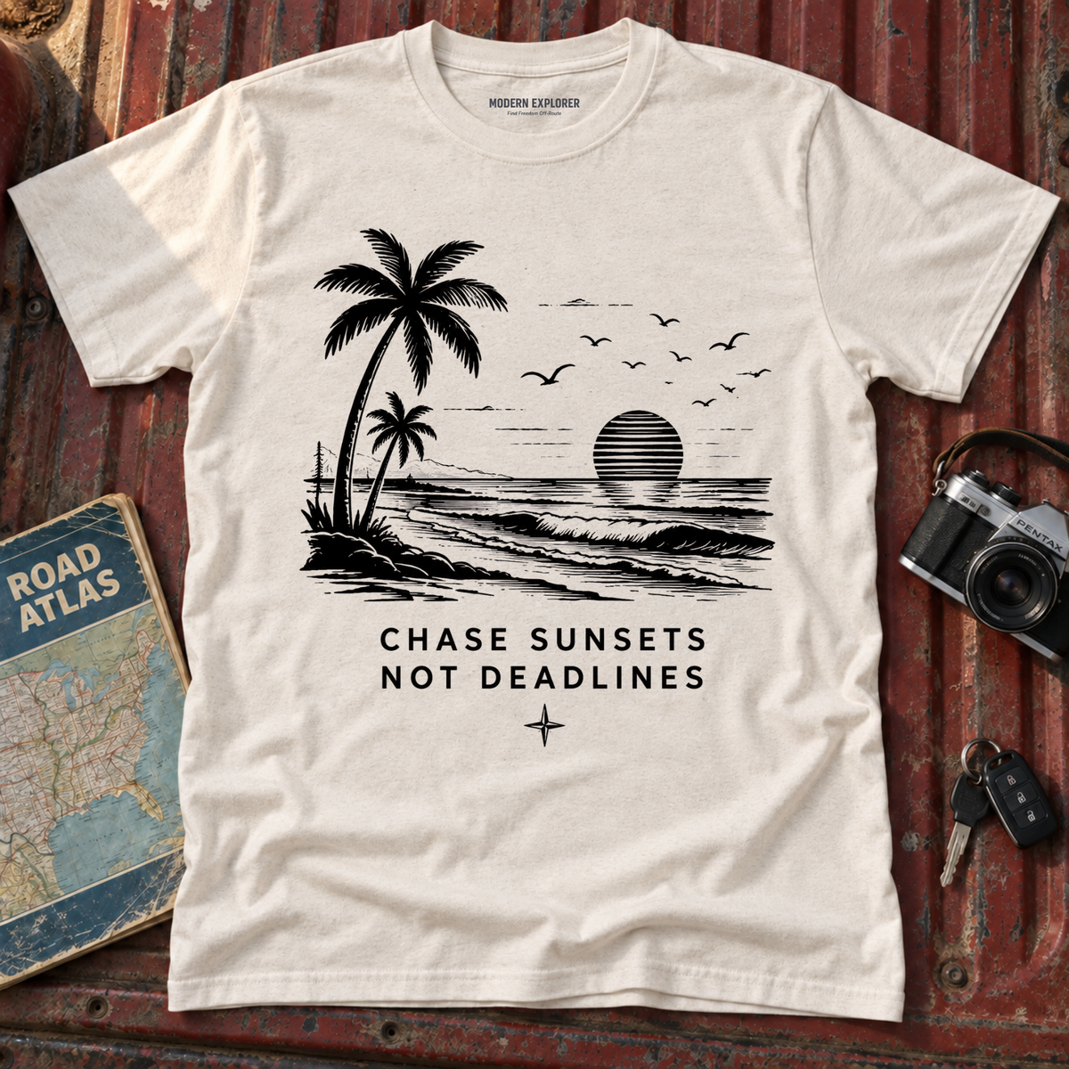 "Chase Sunsets Not Deadlines" Palm Tree Tee