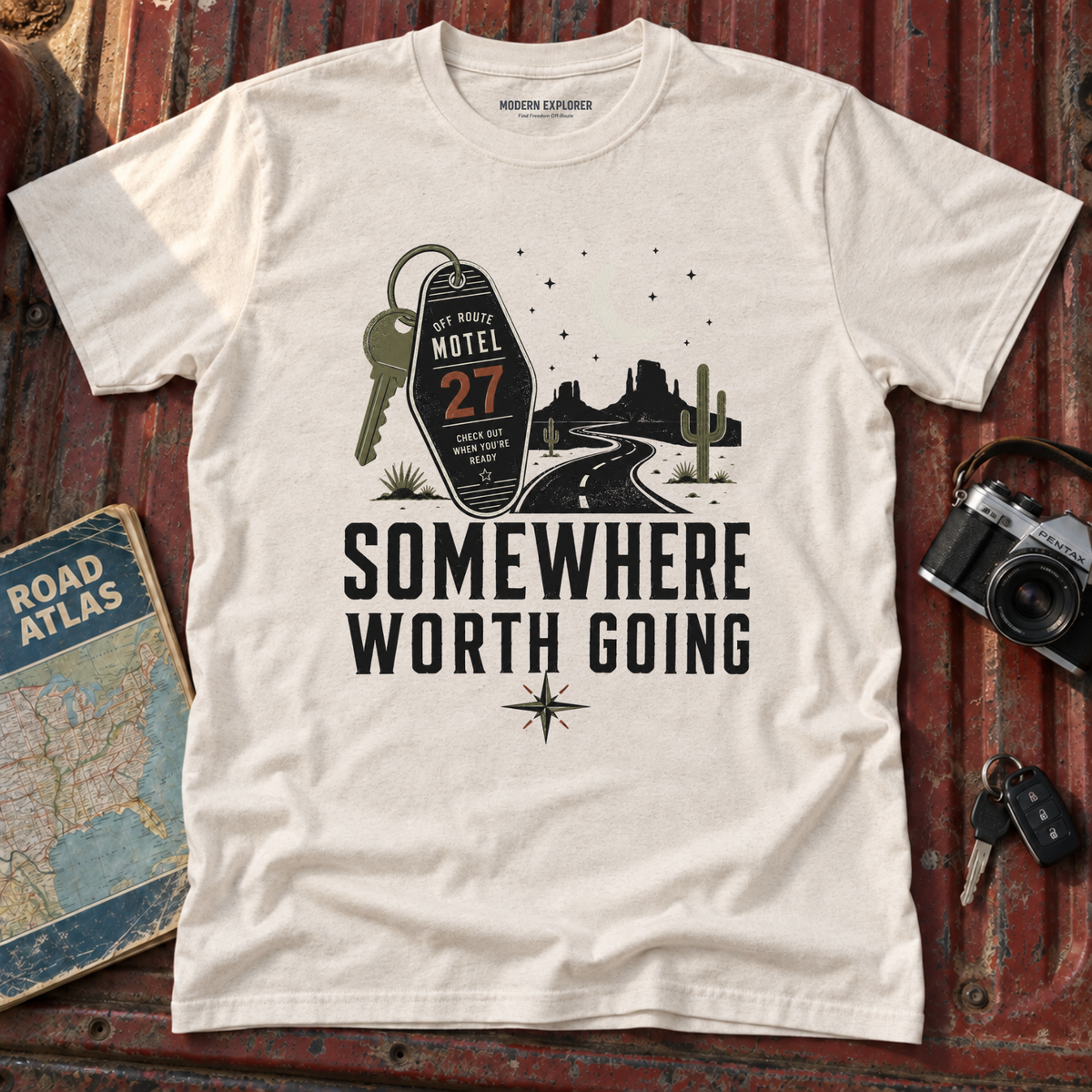 'Somewhere Worth Going' Vintage Motel Roadtrip Tee