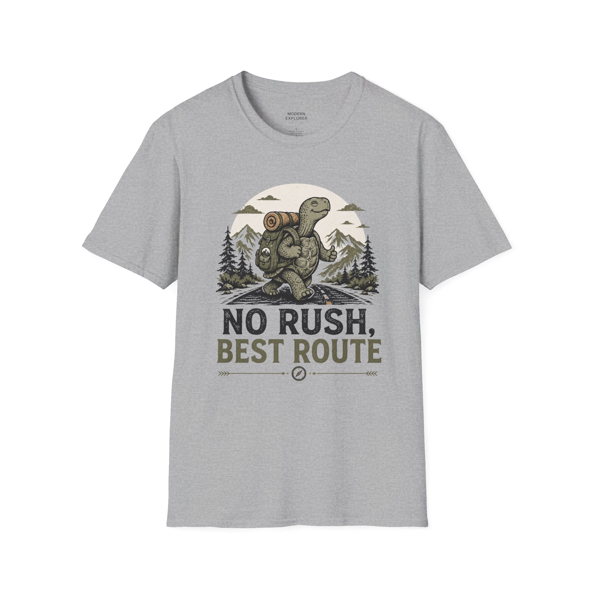 'No Rush, Best Route' Turtle Hiker Graphic Tee