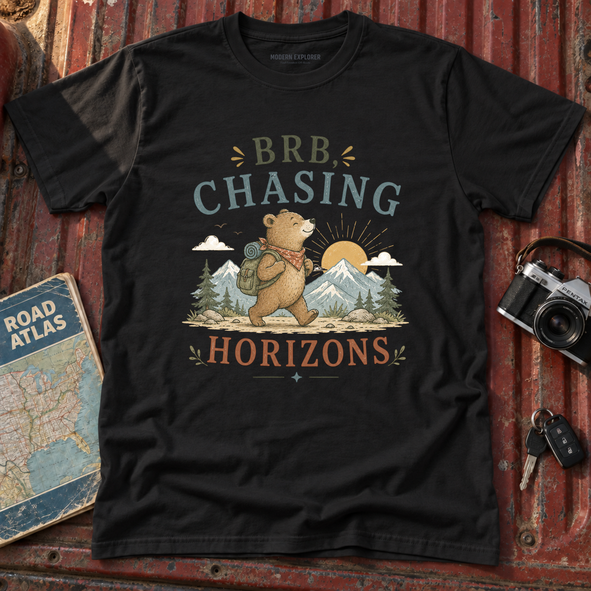 "BRB, Chasing Horizons" Adventure Bear Tee