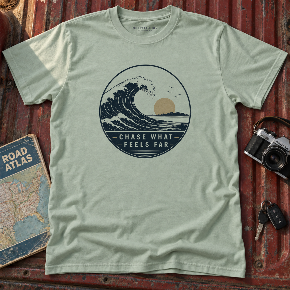 "Chase What Feels Far" Sunset Surf Tee