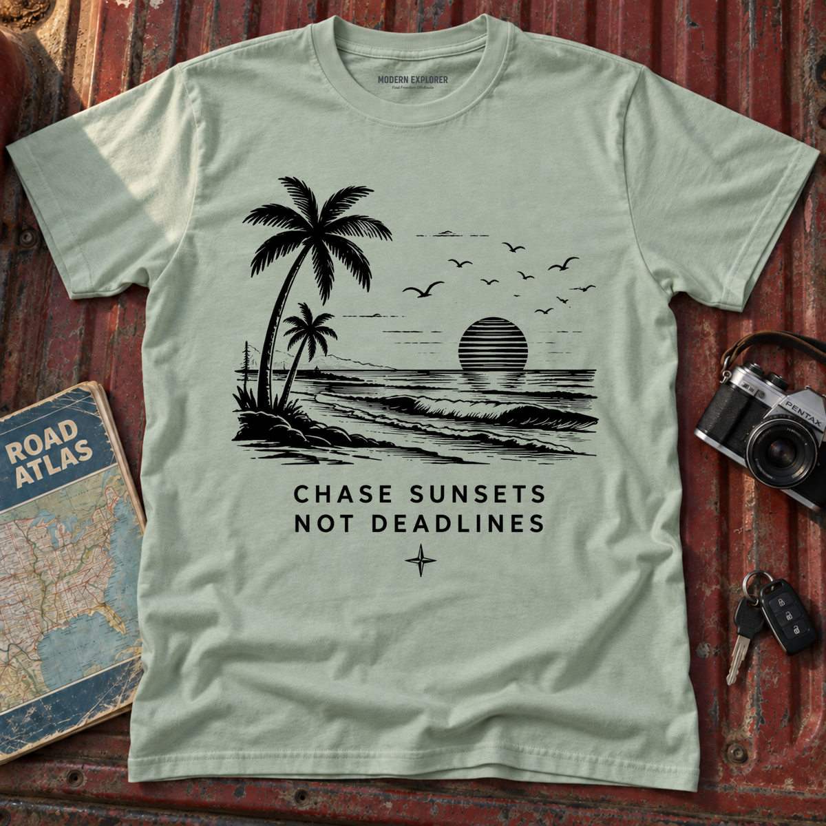"Chase Sunsets Not Deadlines" Palm Tree Tee