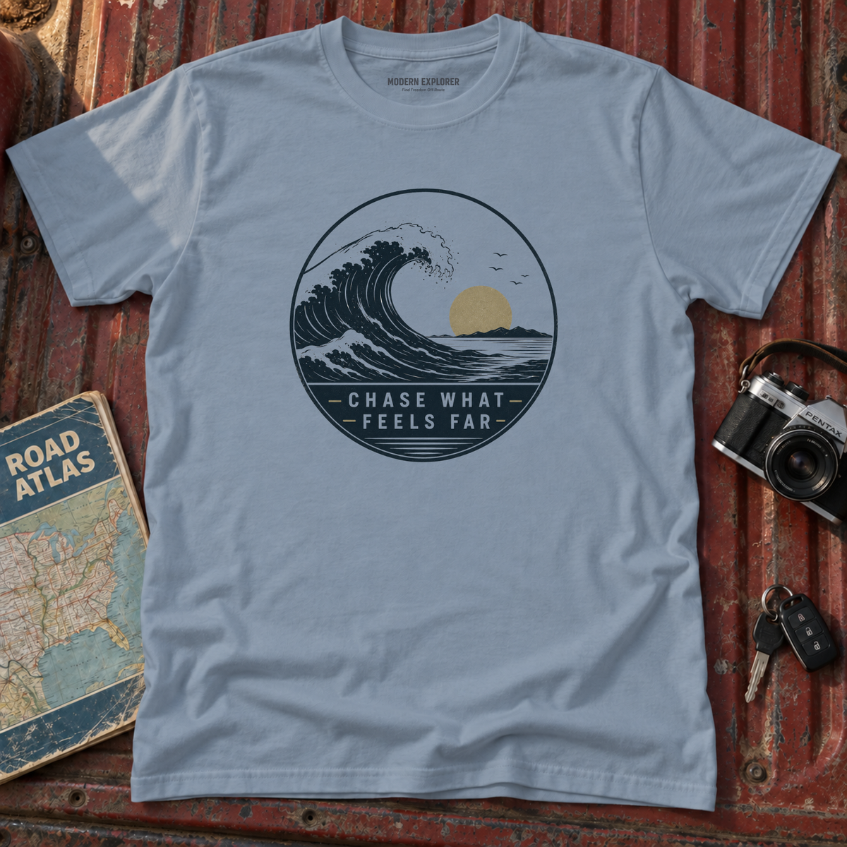 "Chase What Feels Far" Sunset Surf Tee