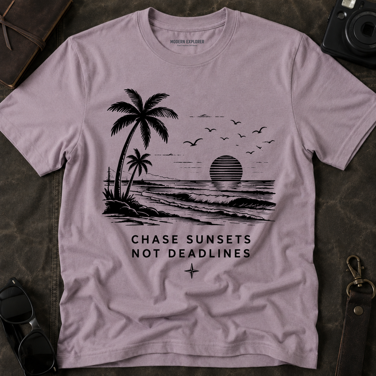 "Chase Sunsets Not Deadlines" Palm Tree Tee
