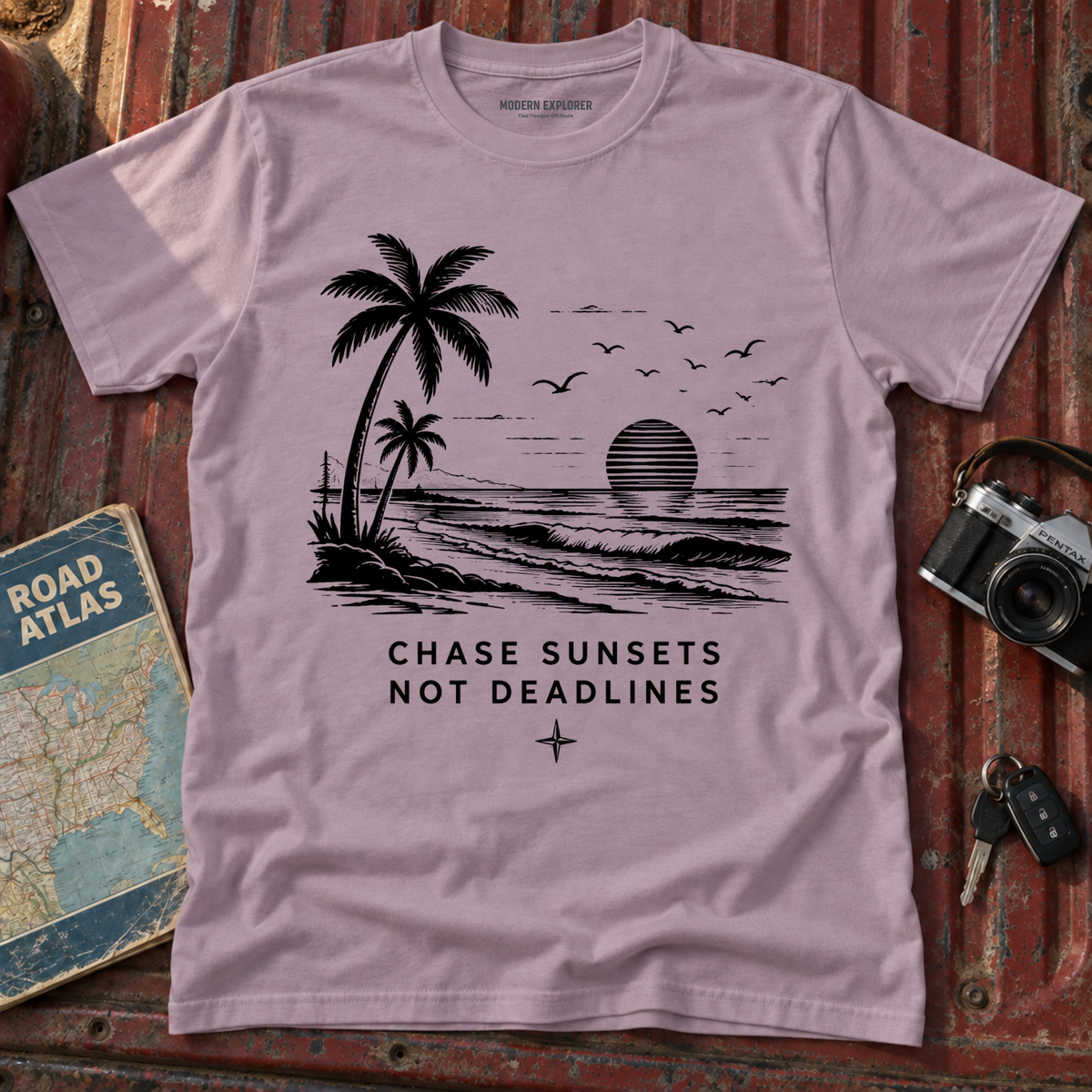 "Chase Sunsets Not Deadlines" Palm Tree Tee