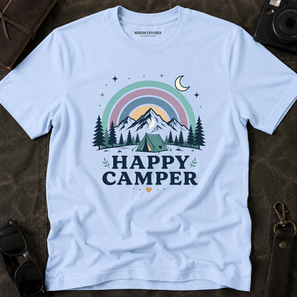 "Happy Camper" Mountain Rainbow Graphic