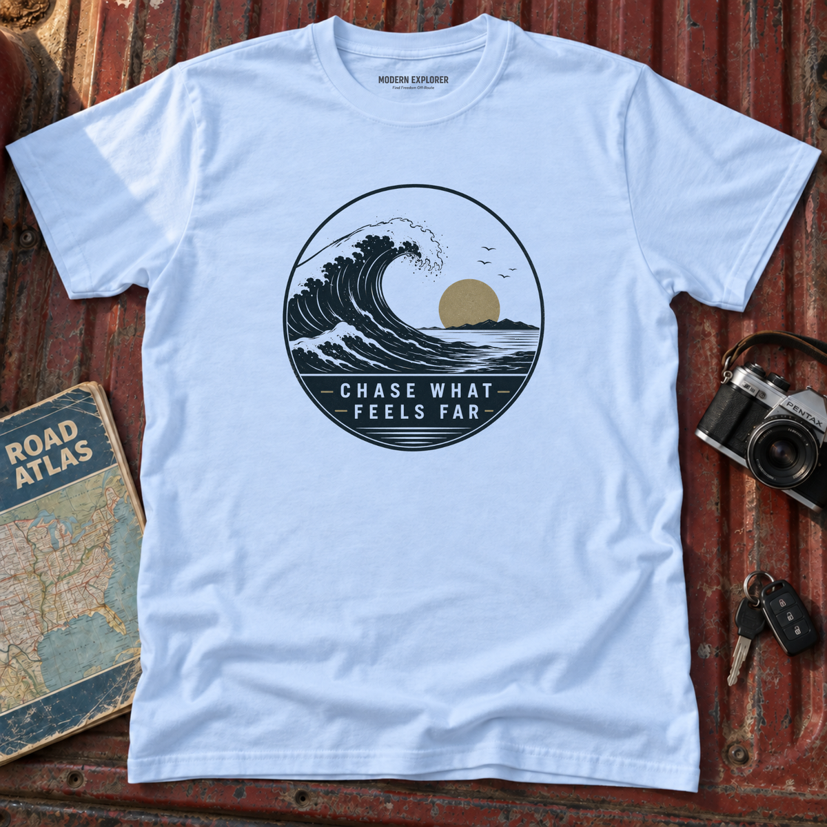 "Chase What Feels Far" Sunset Surf Tee