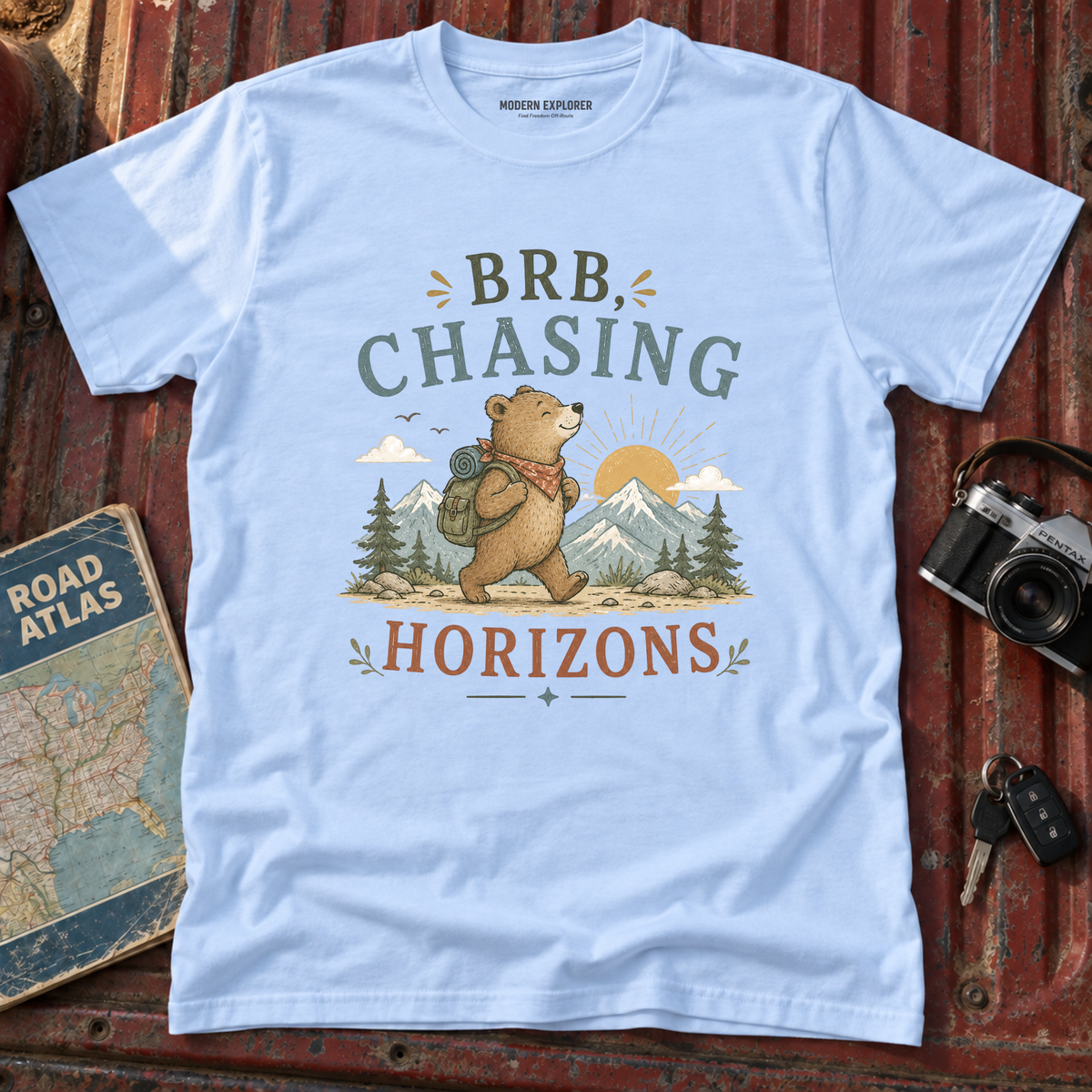 "BRB, Chasing Horizons" Adventure Bear Tee