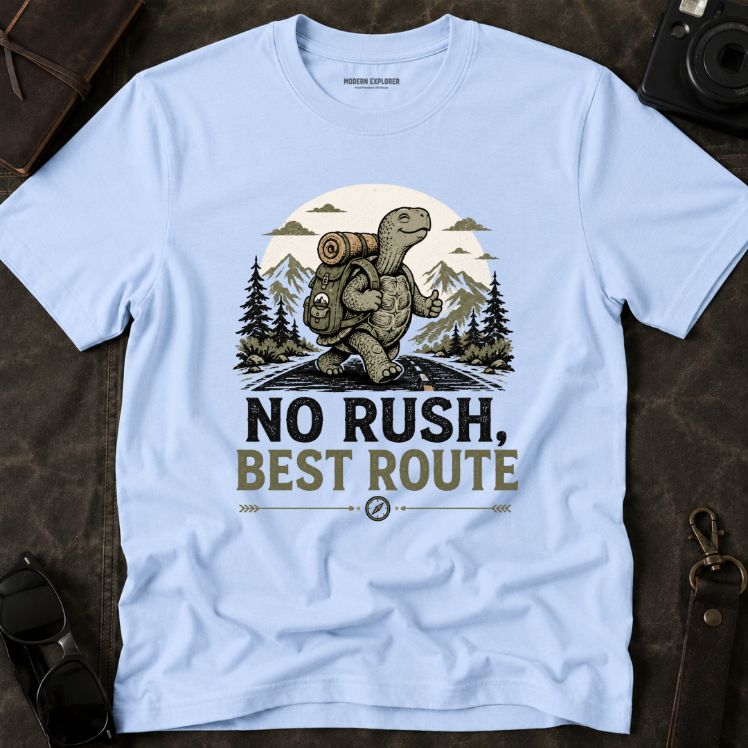 'No Rush, Best Route' Turtle Hiker Graphic Tee