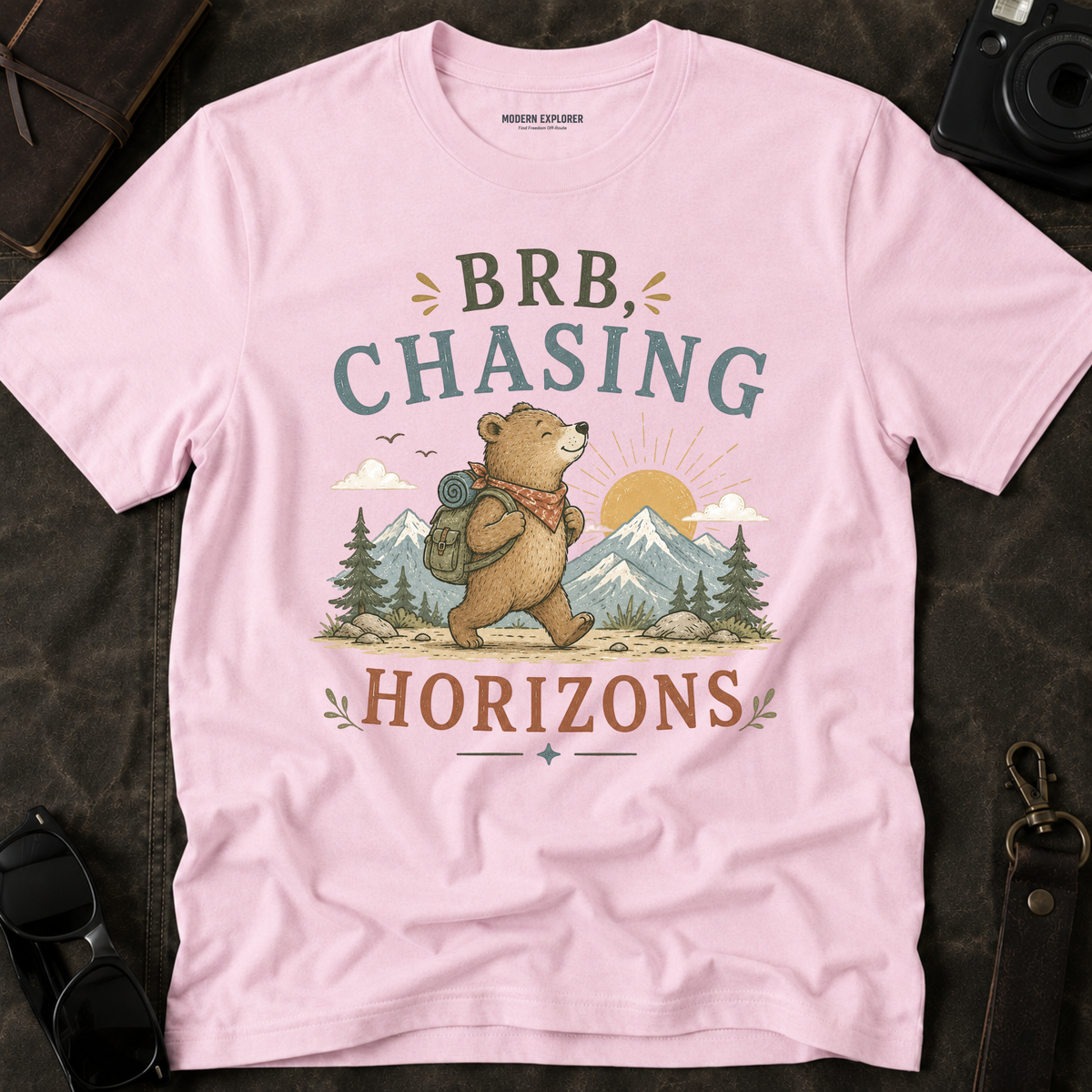 "BRB, Chasing Horizons" Adventure Bear Tee