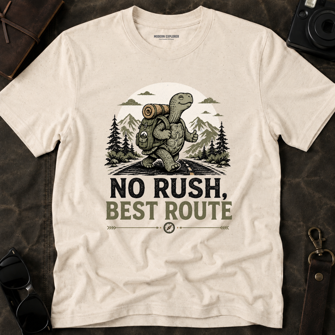 'No Rush, Best Route' Turtle Hiker Graphic Tee