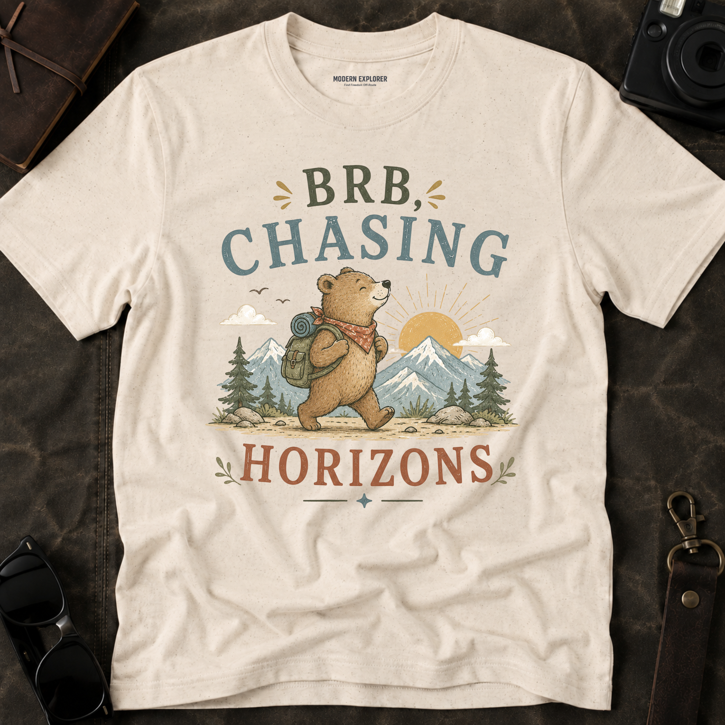 "BRB, Chasing Horizons" Adventure Bear Tee