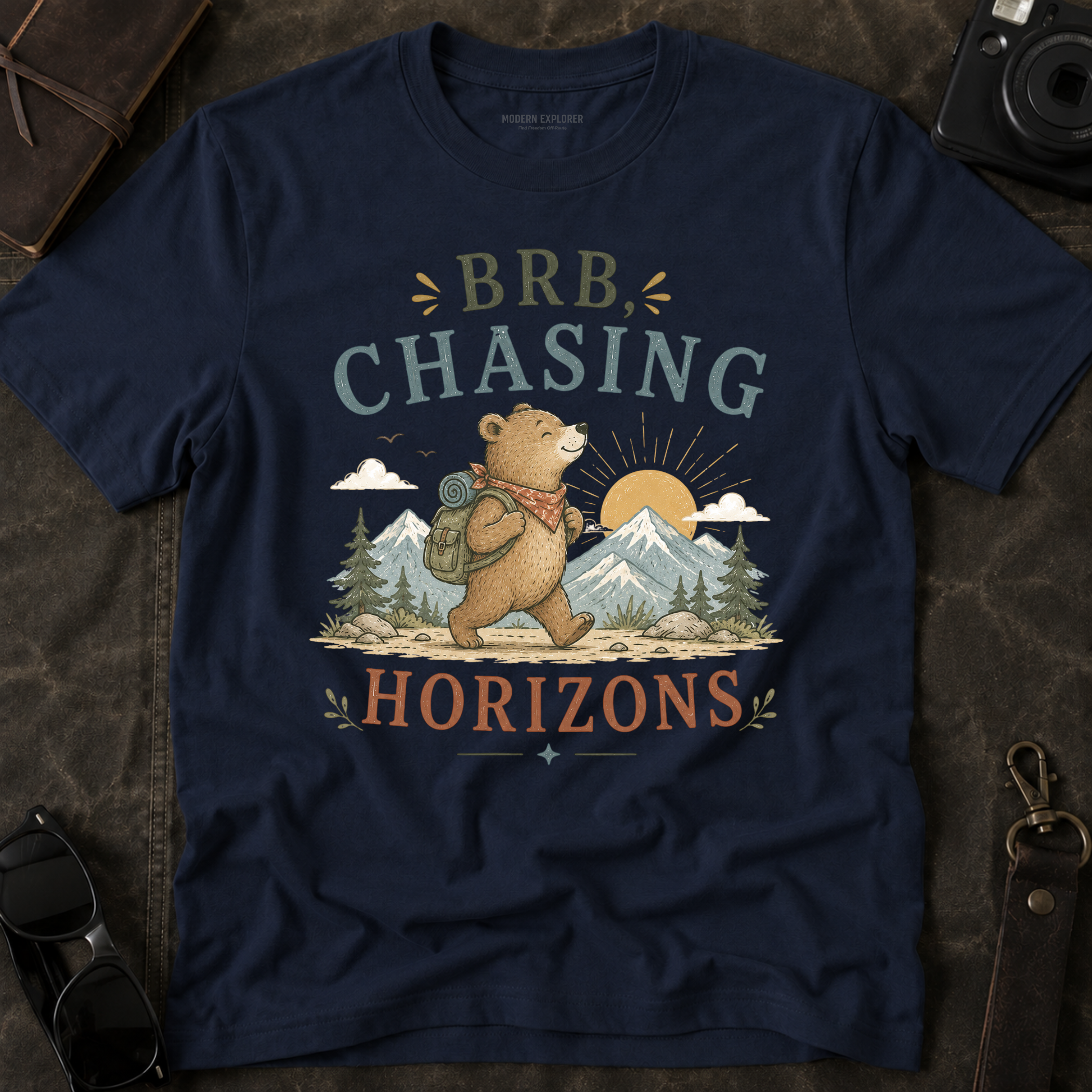 "BRB, Chasing Horizons" Adventure Bear Tee