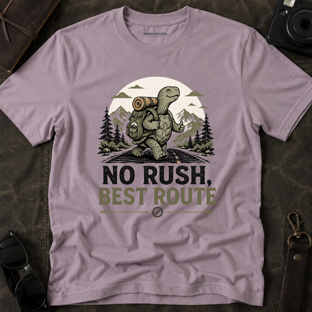 'No Rush, Best Route' Turtle Hiker Graphic Tee