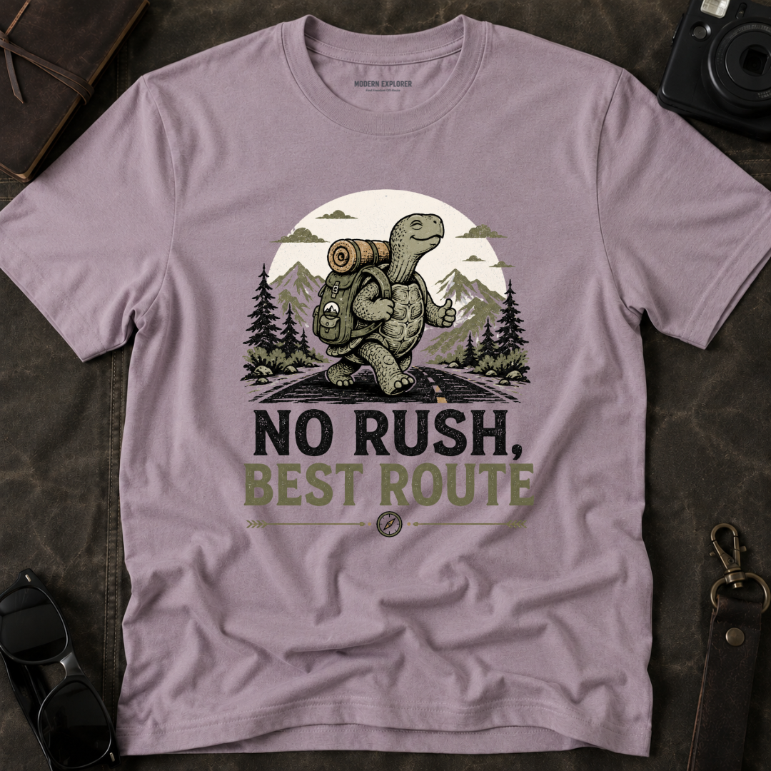 'No Rush, Best Route' Turtle Hiker Graphic Tee