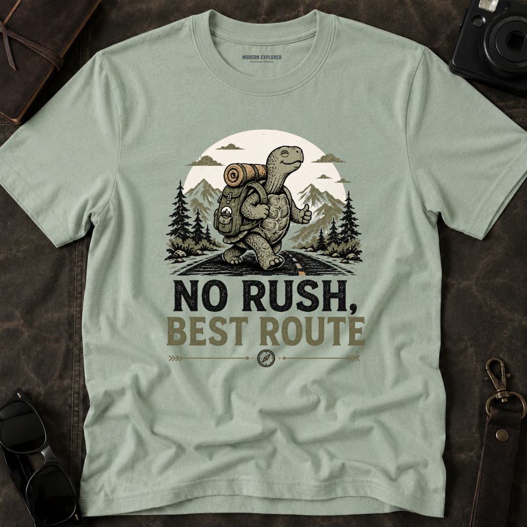 'No Rush, Best Route' Turtle Hiker Graphic Tee
