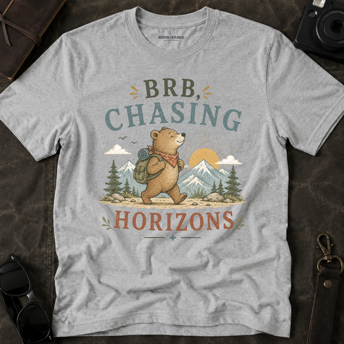 "BRB, Chasing Horizons" Adventure Bear Tee