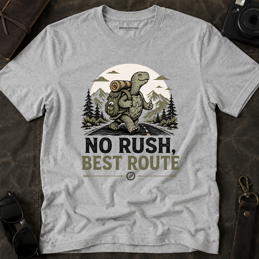 'No Rush, Best Route' Turtle Hiker Graphic Tee