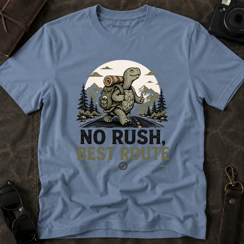 'No Rush, Best Route' Turtle Hiker Graphic Tee