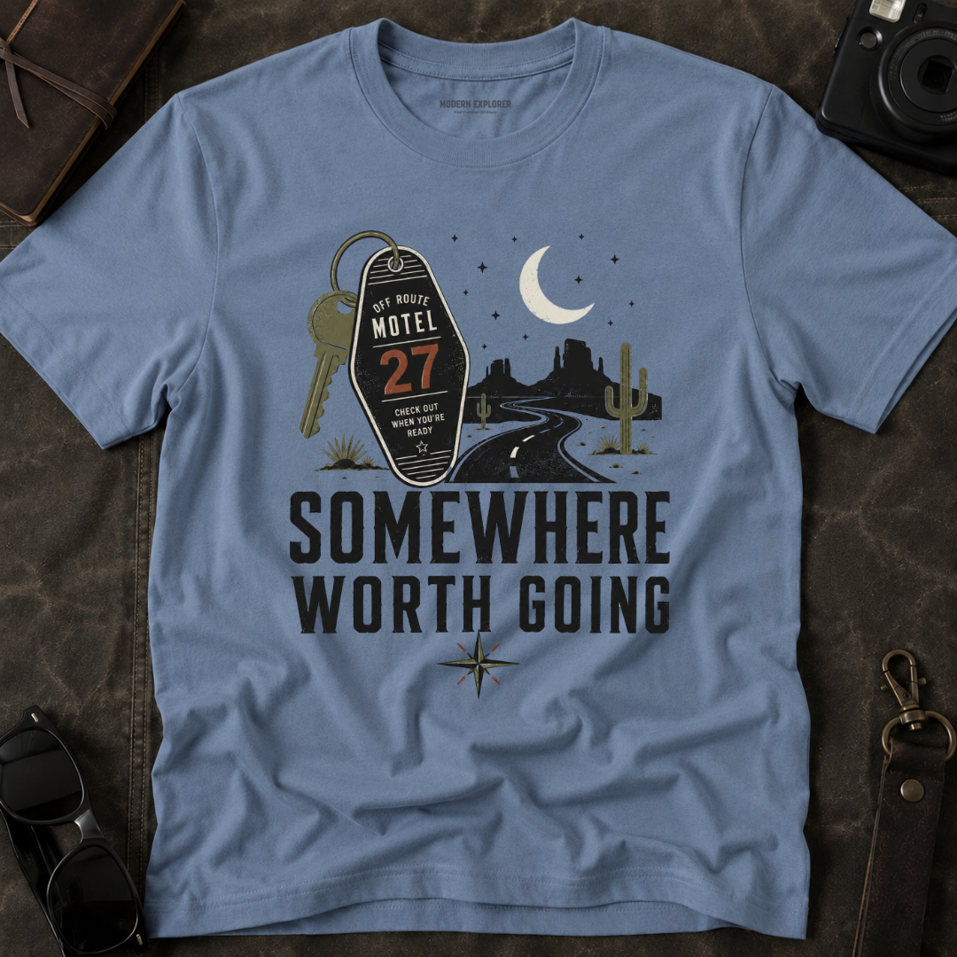'Somewhere Worth Going' Vintage Motel Roadtrip Tee