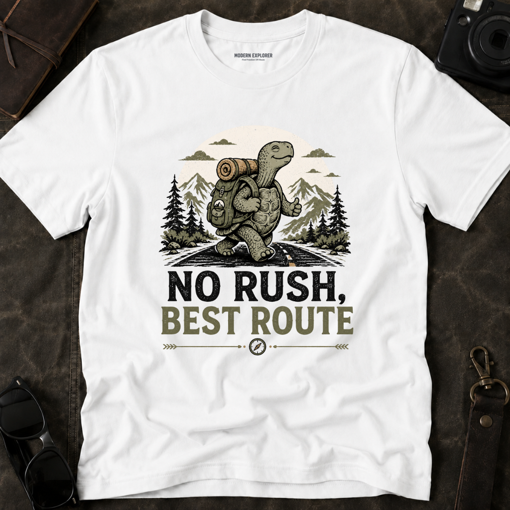 'No Rush, Best Route' Turtle Hiker Graphic Tee