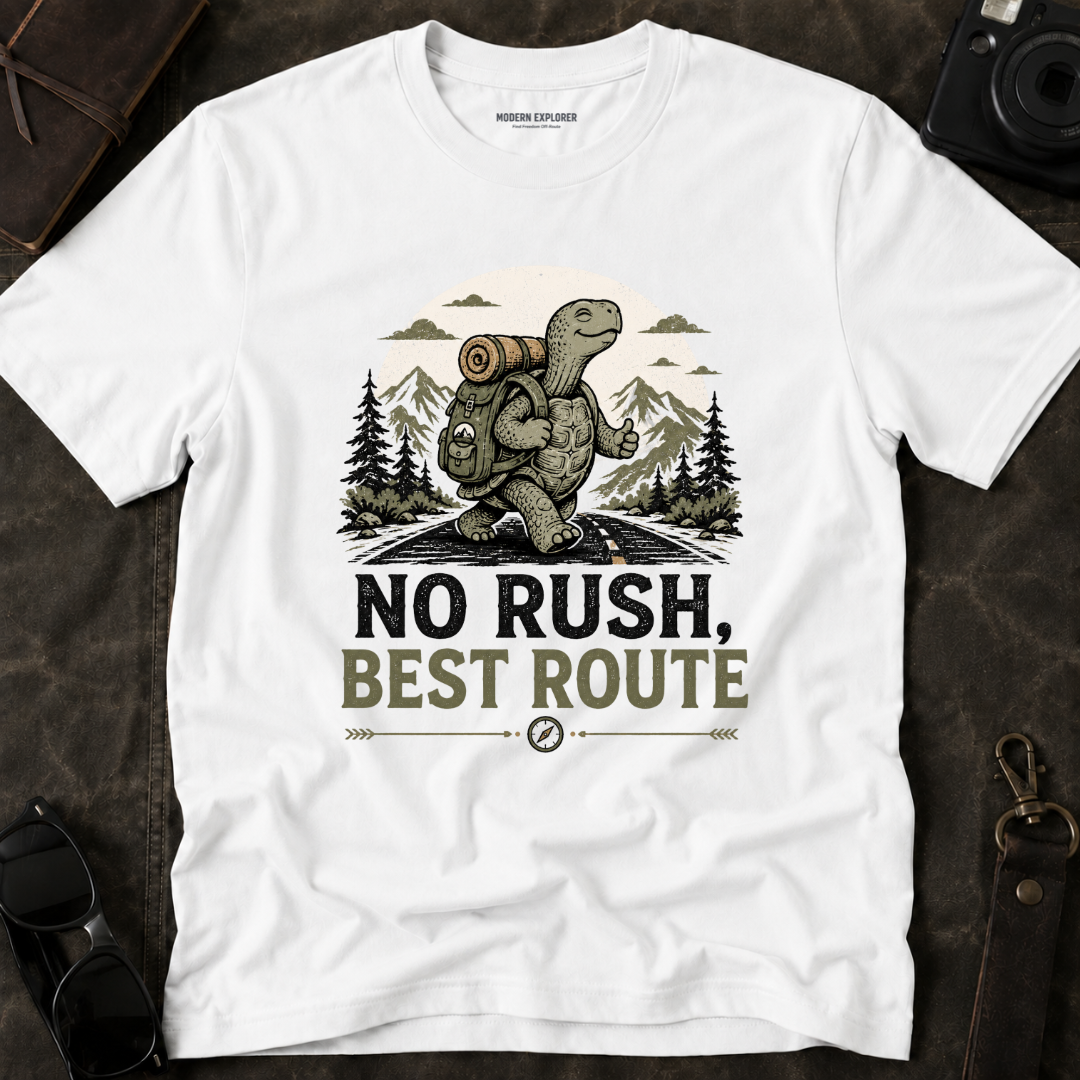 'No Rush, Best Route' Turtle Hiker Graphic Tee