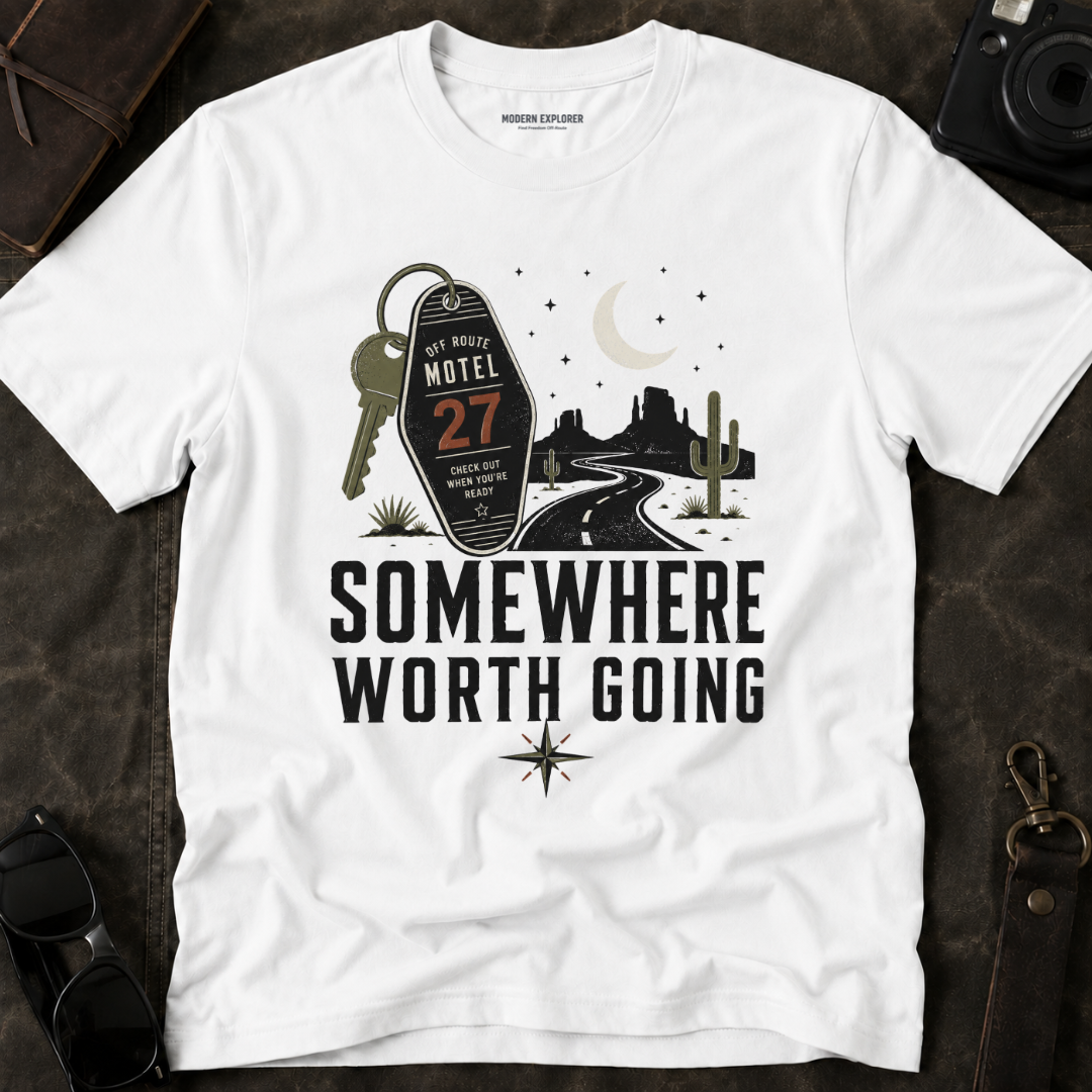 'Somewhere Worth Going' Vintage Motel Roadtrip Tee
