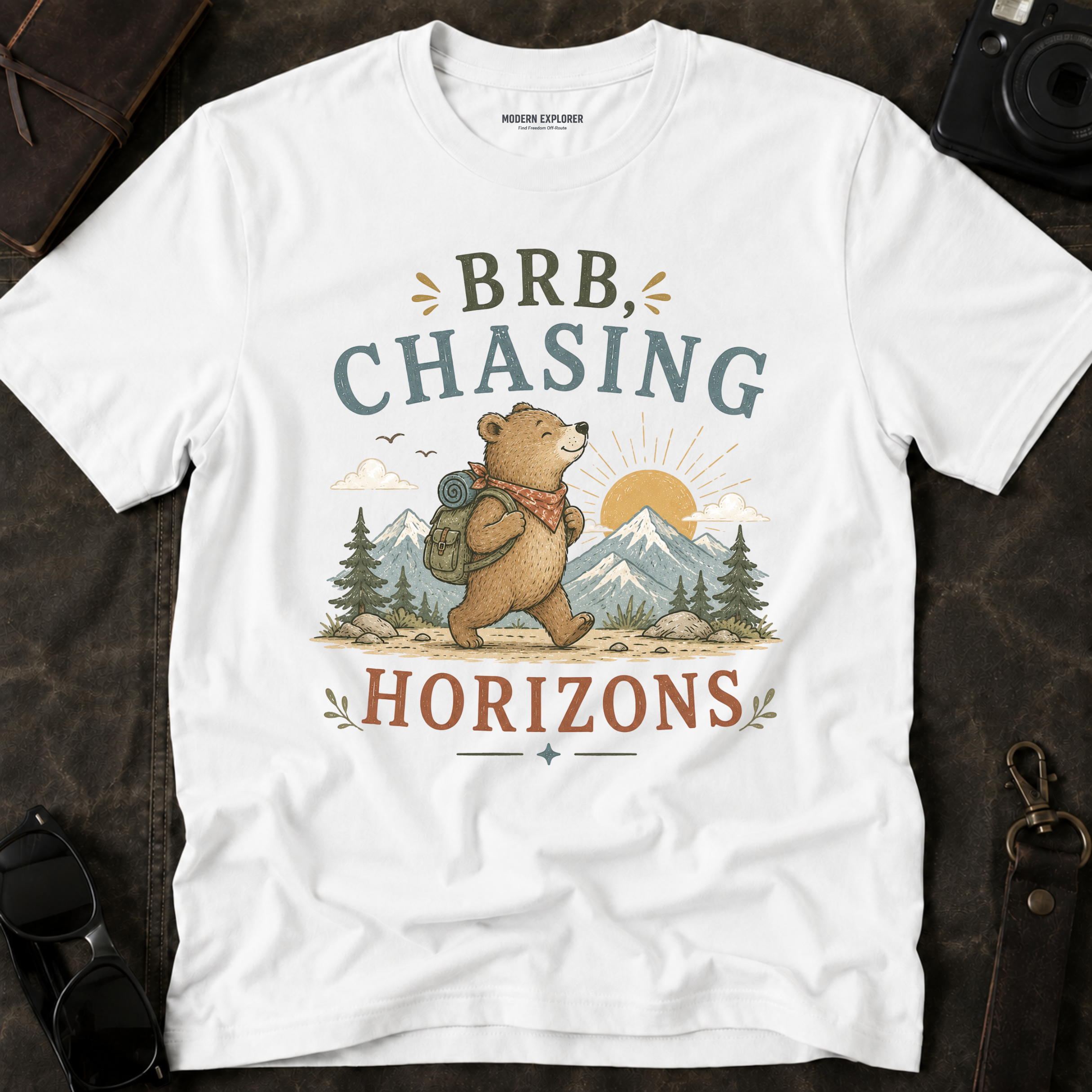 "BRB, Chasing Horizons" Adventure Bear Tee