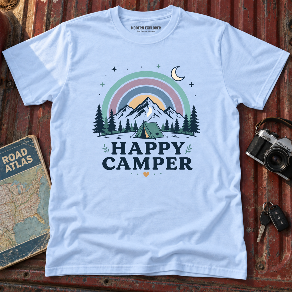 "Happy Camper" Mountain Rainbow Graphic