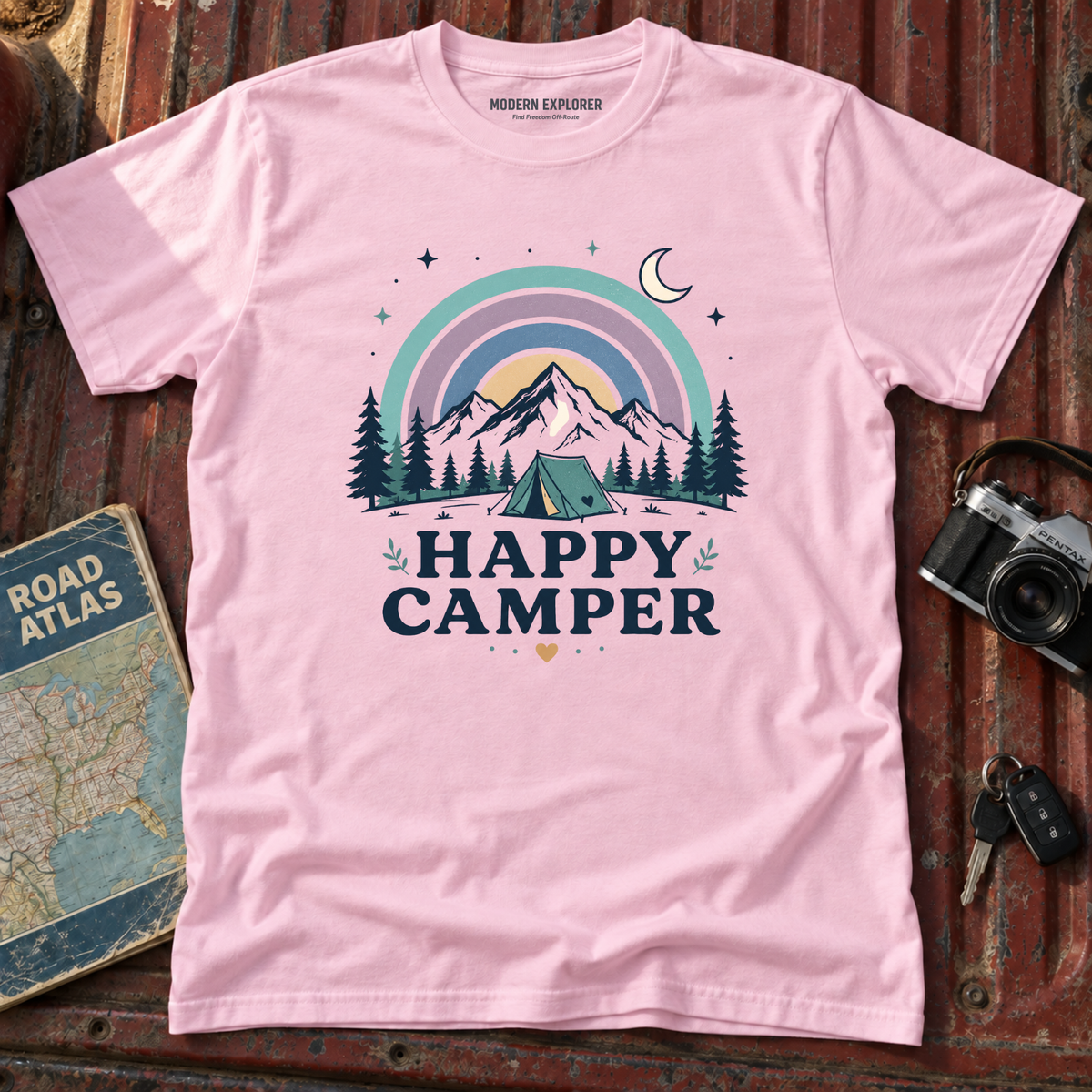 "Happy Camper" Mountain Rainbow Graphic