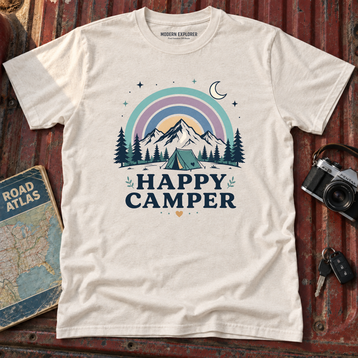 "Happy Camper" Mountain Rainbow Graphic