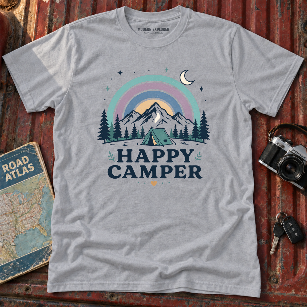 "Happy Camper" Mountain Rainbow Graphic