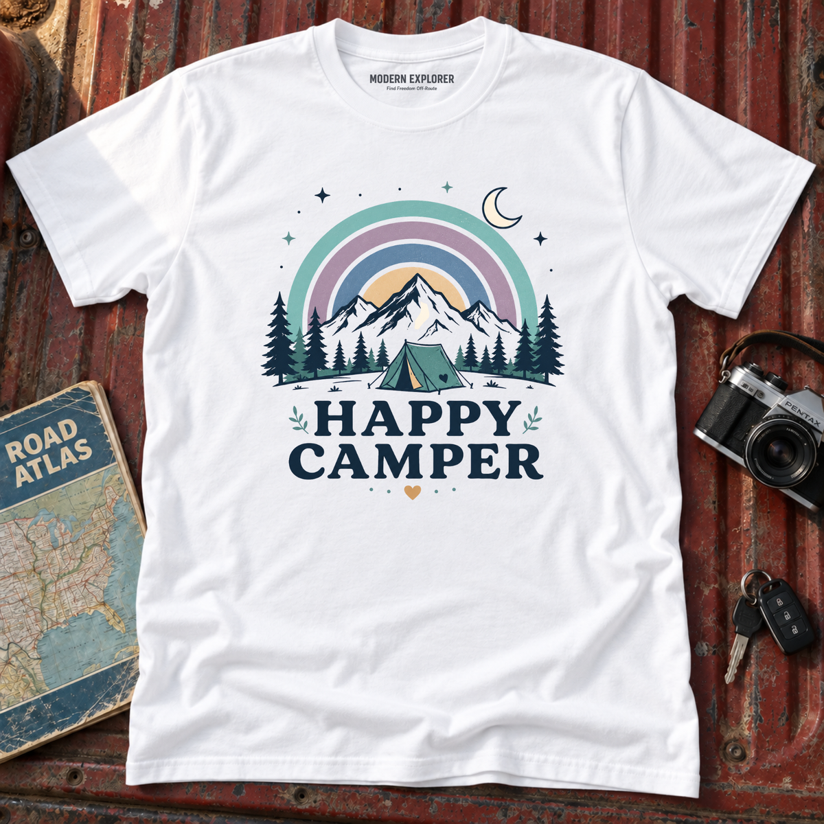 "Happy Camper" Mountain Rainbow Graphic